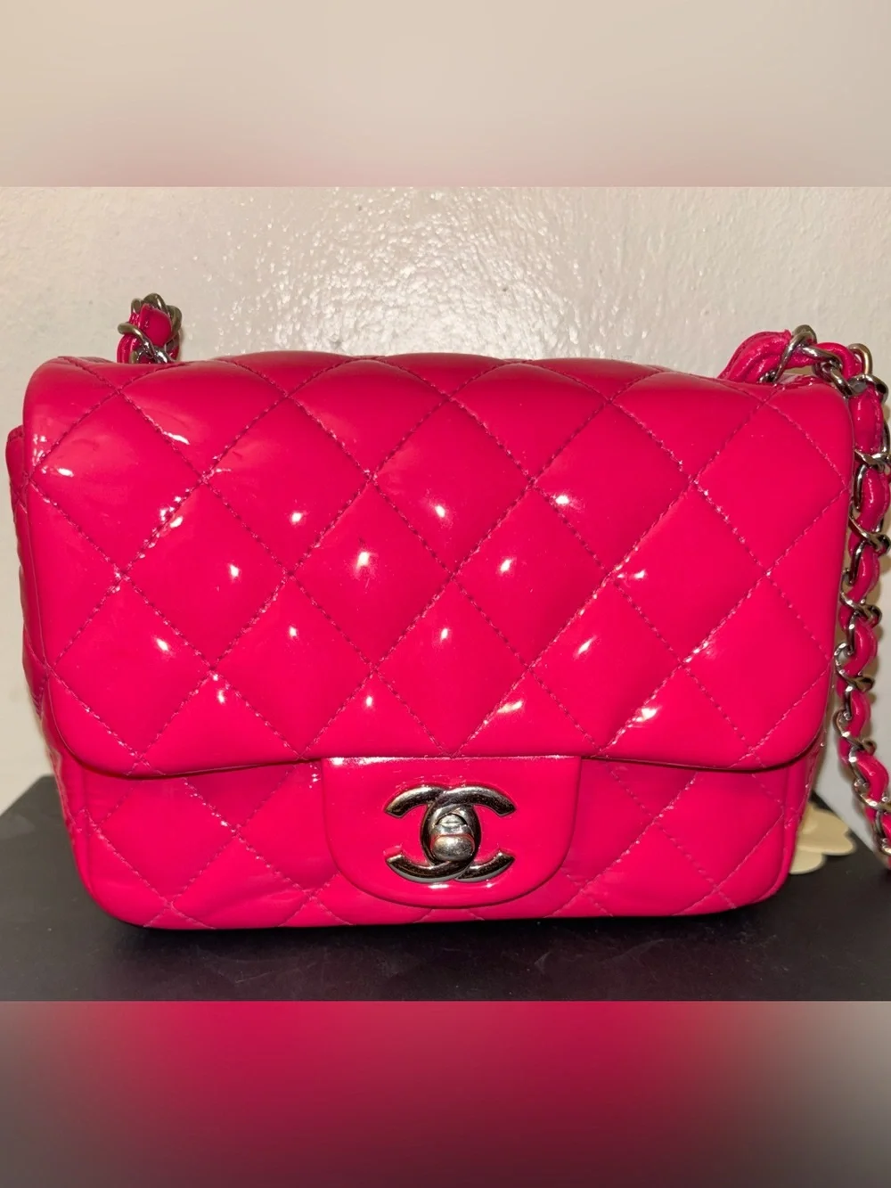 CHANEL Hot Pink Quilted Patent Leather Flap Shoulder Bag